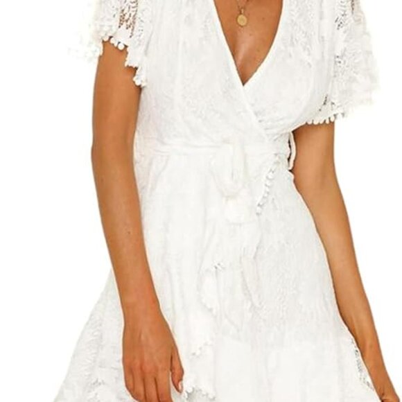 White Lace Wrap Dress with Tie - Picture 1 of 3